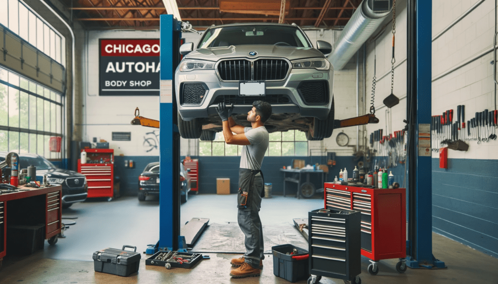 Mechanic at Chicago Autohaus Body Shop, lifting a car on a hydraulic lift to inspect its undercarriage.